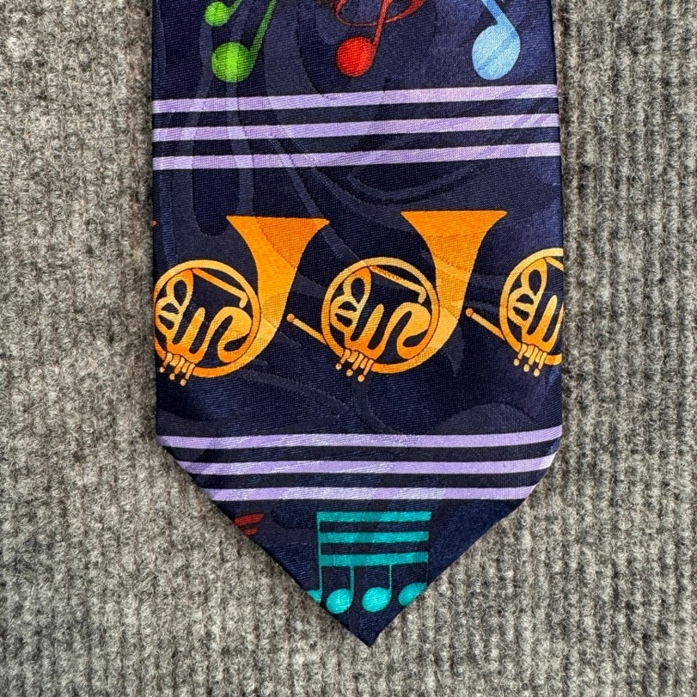 Fratello Mens Navy Blue French Horn Music Note Musical Theme Handmade Necktie